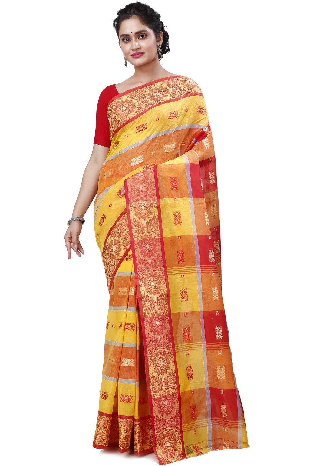 Yellow Red Pure Cotton RajSahi Tant Saree (956)